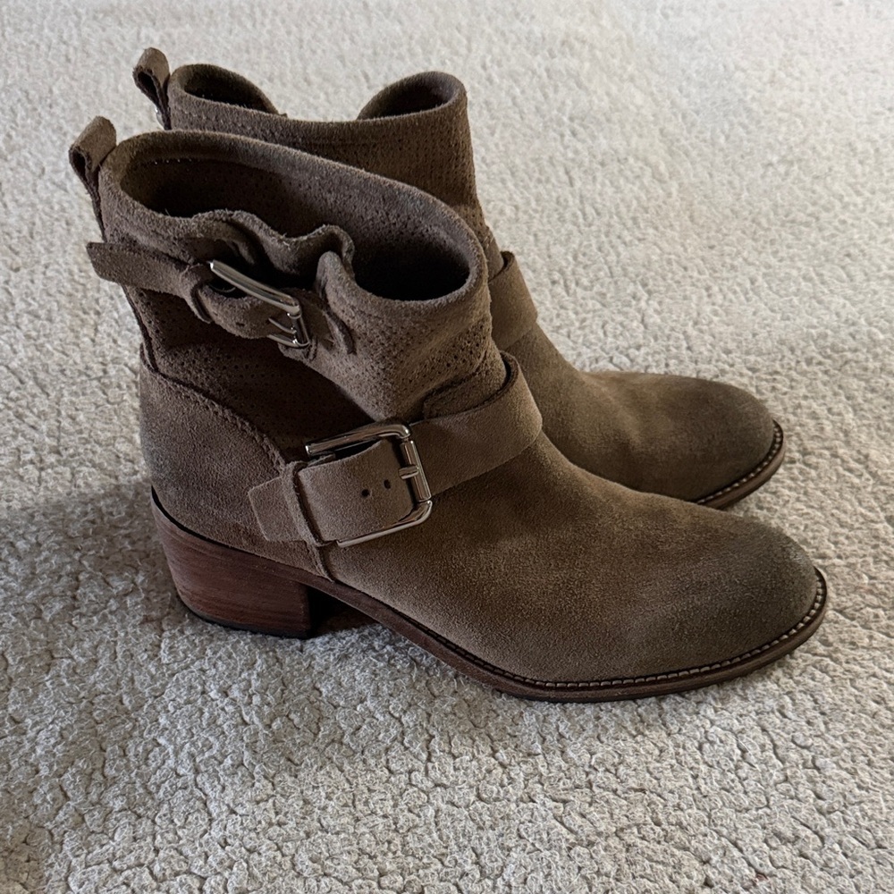 Donald J. Pliner Taupe Suede Buckle Ankle Booties 6.5